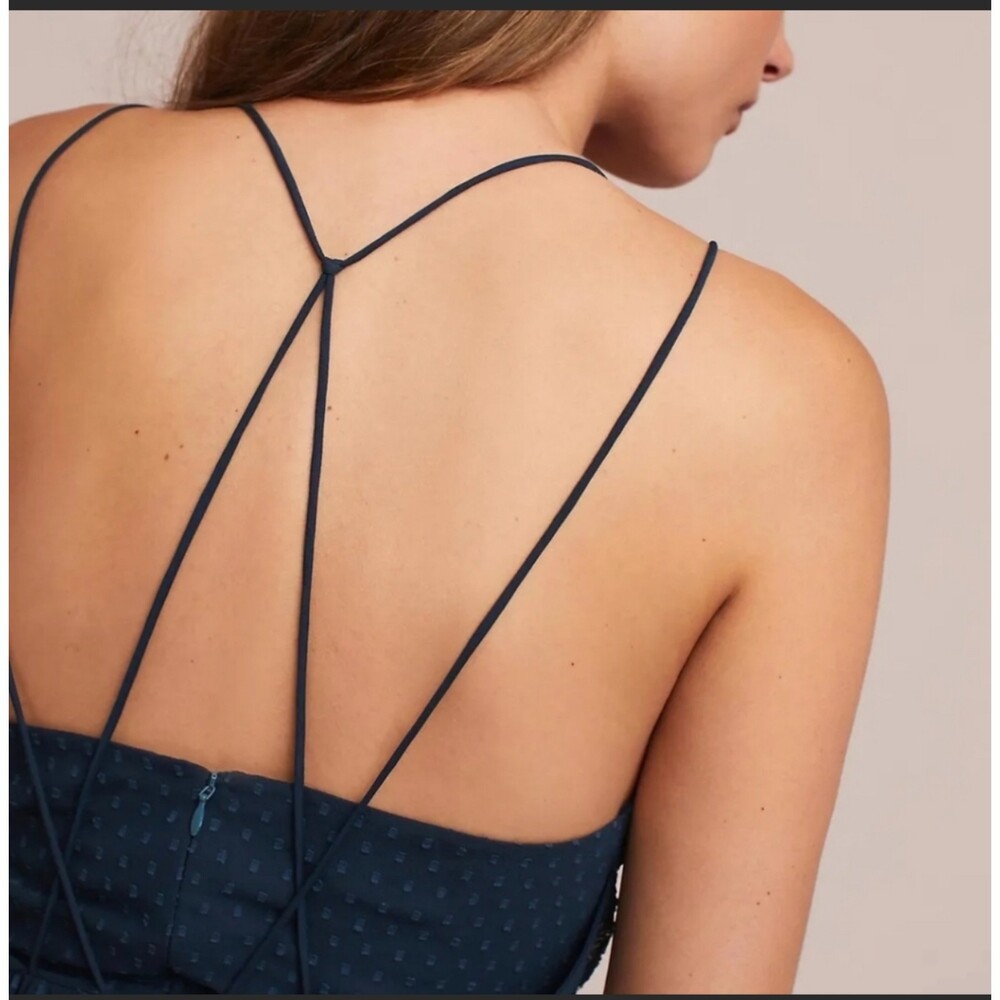 RANNA GILL Lucinda Navy Blue Beaded Bodice Lined Spaghetti Strap Maxi Dress Sz 4 - Picture 5 of 9